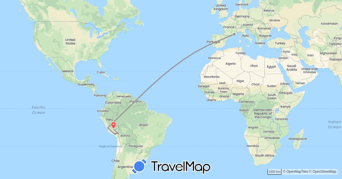 TravelMap itinerary: driving, plane, hiking in Spain, France, Peru (Europe, South America)